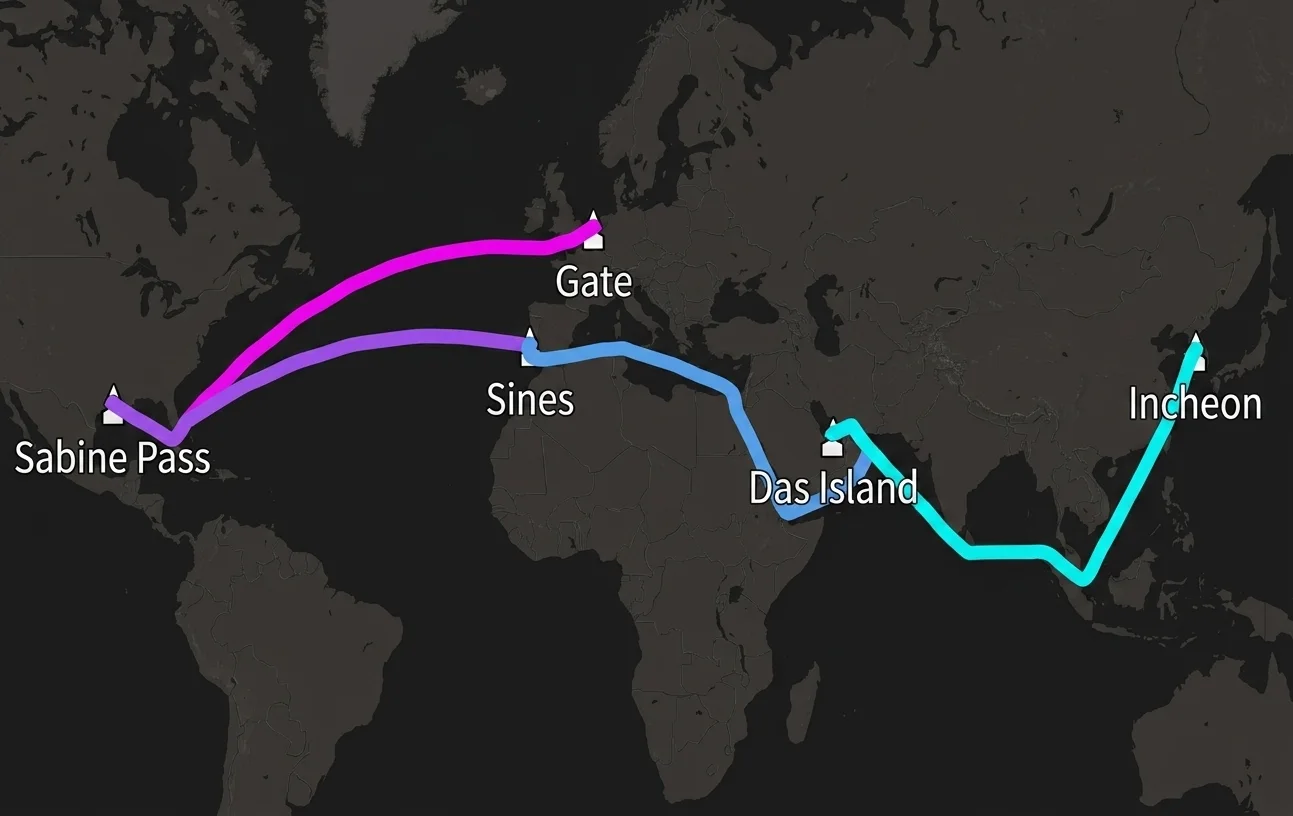 X-LNG route map: Middle East supply with the Red Sea open, Das Island serving Sines via Suez