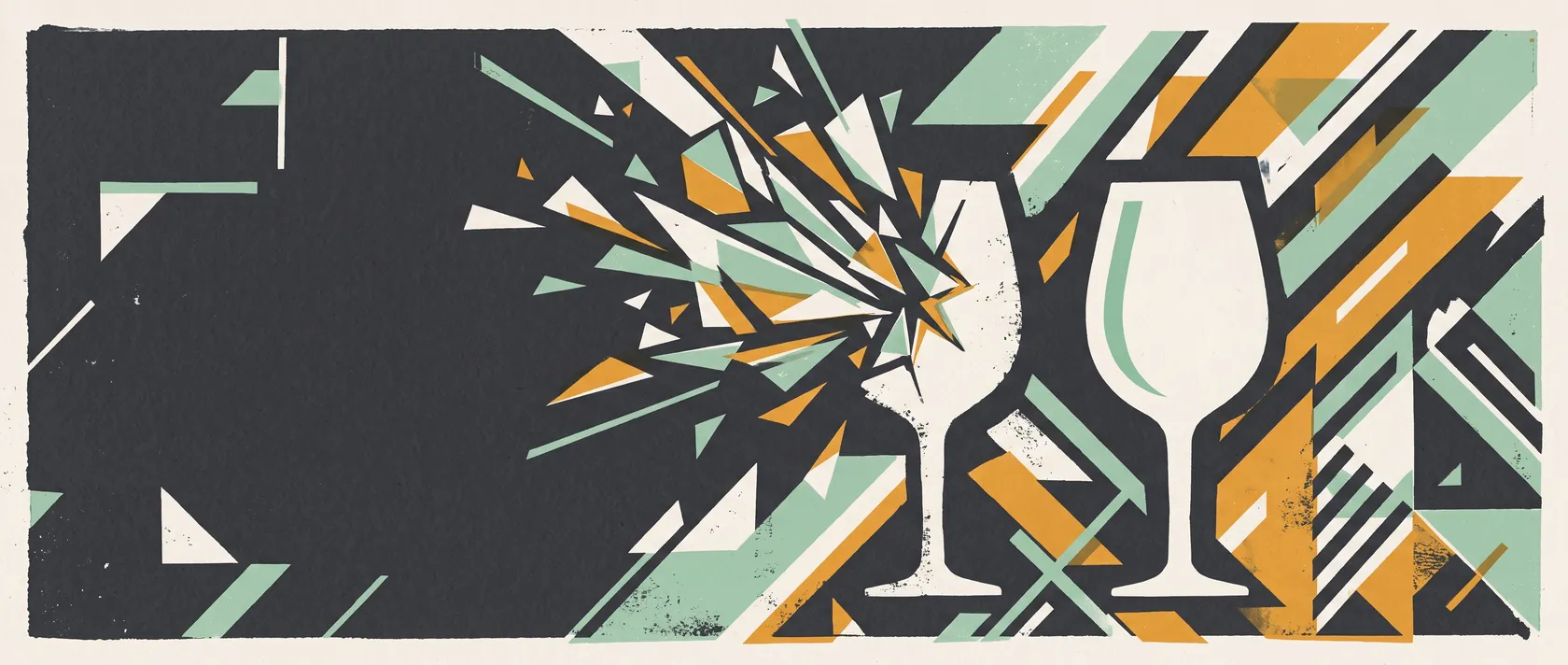 Screen-print style poster of two wine glasses, one shattering under stress, one standing whole